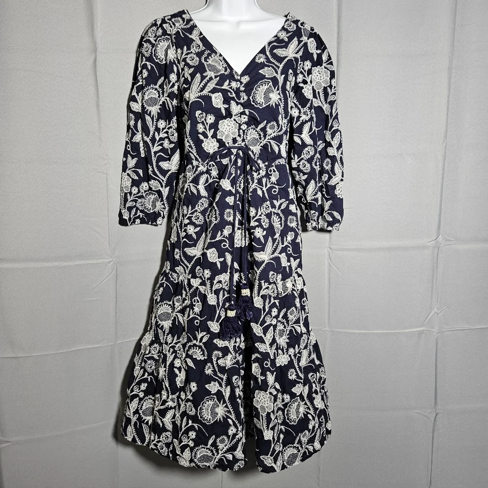 Soft Surroundings Tilda Whimsy Floral Navy Embroidered Boho Tiered Midi Sz M - Picture 4 of 11